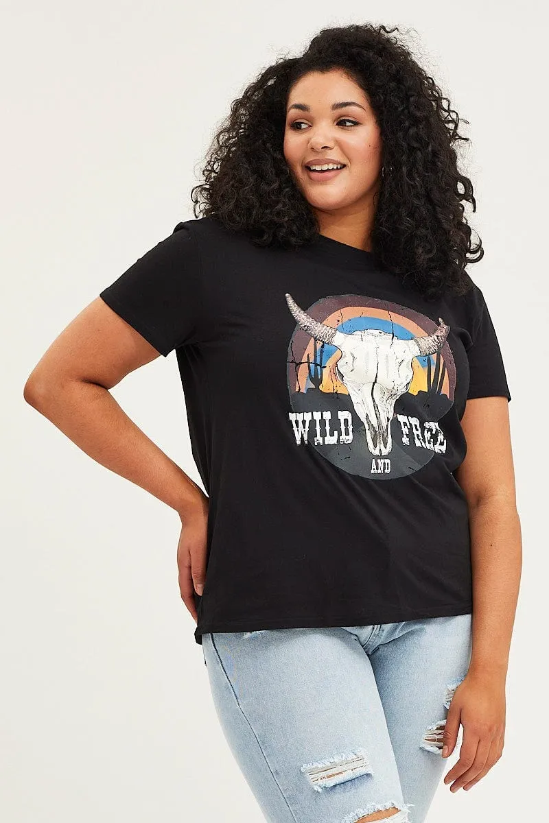 Eye-Catching Black Graphic T-shirt Cowboy Crew Neck