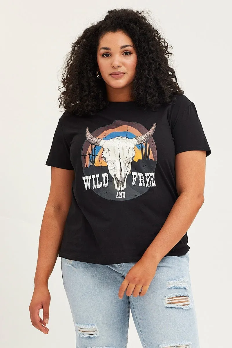 Black Graphic T-shirt Cowboy Crew Neck Polka Dot Pattern