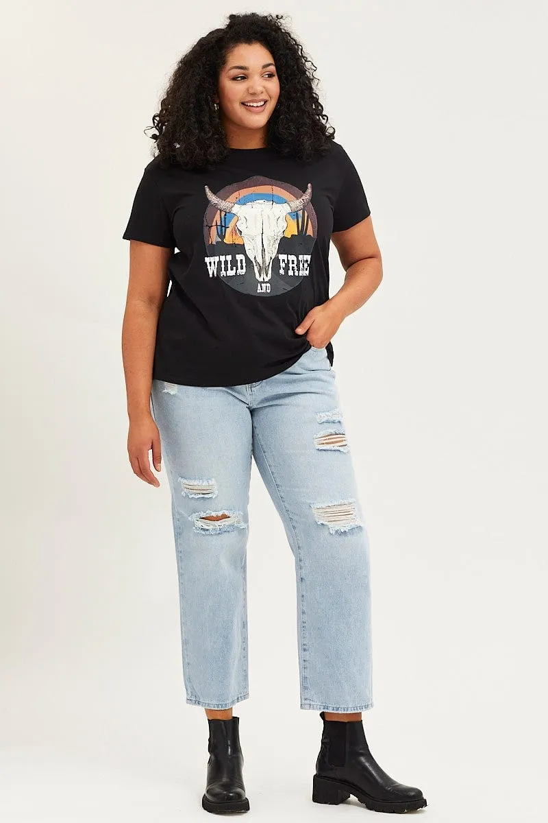 Washable Fun Style Black Graphic T-shirt Cowboy Crew Neck