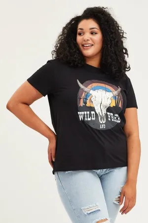 Eye-Catching Black Graphic T-shirt Cowboy Crew Neck