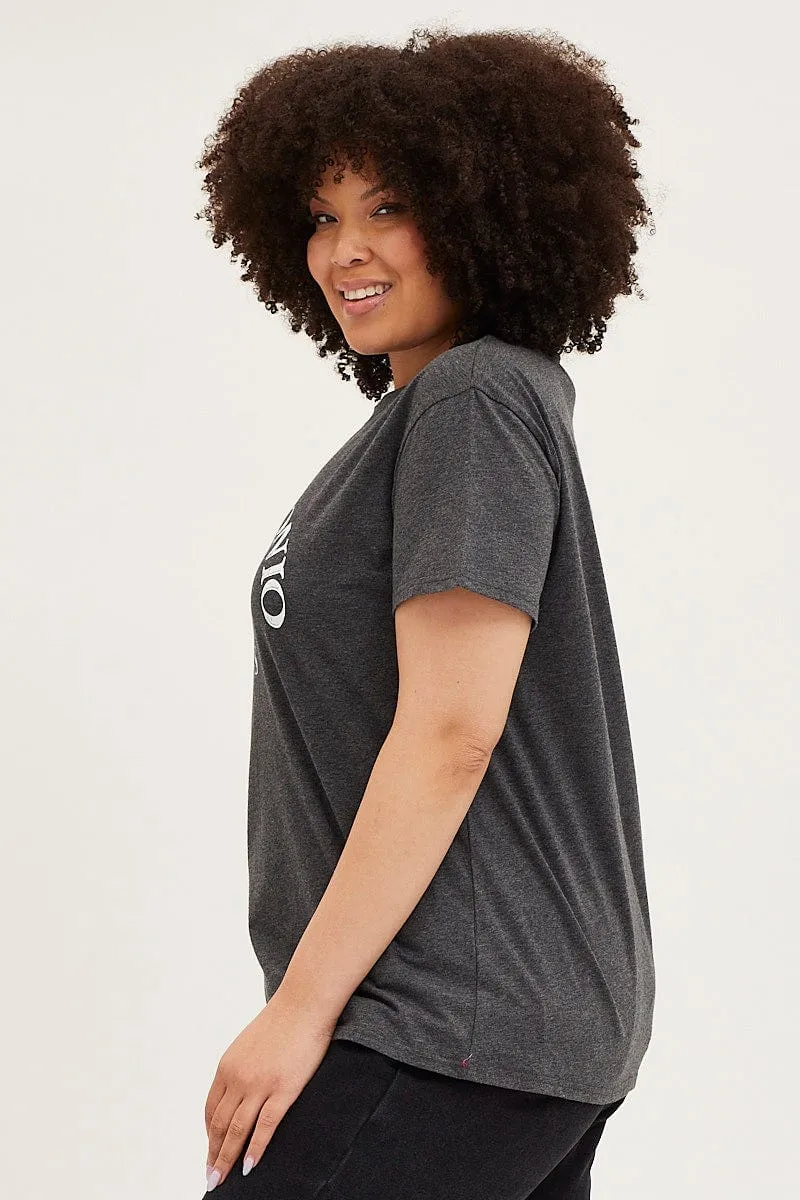 Summer Essential Grey Graphic T-shirt Sun Crew Neck Short Sleeve Cotton