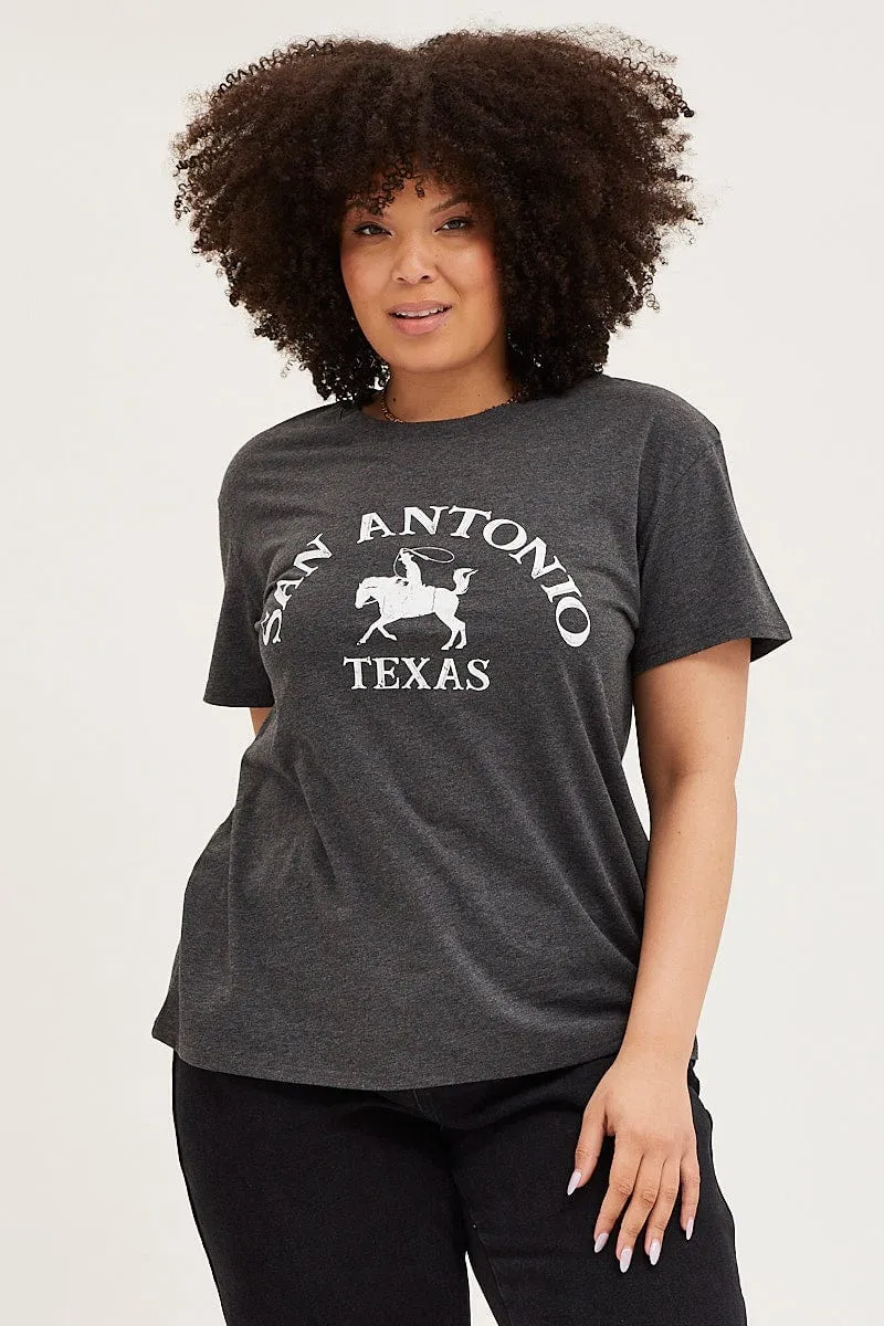 Grey Graphic T-shirt Sun Crew Neck Short Sleeve Cotton Comfy Casual Wear