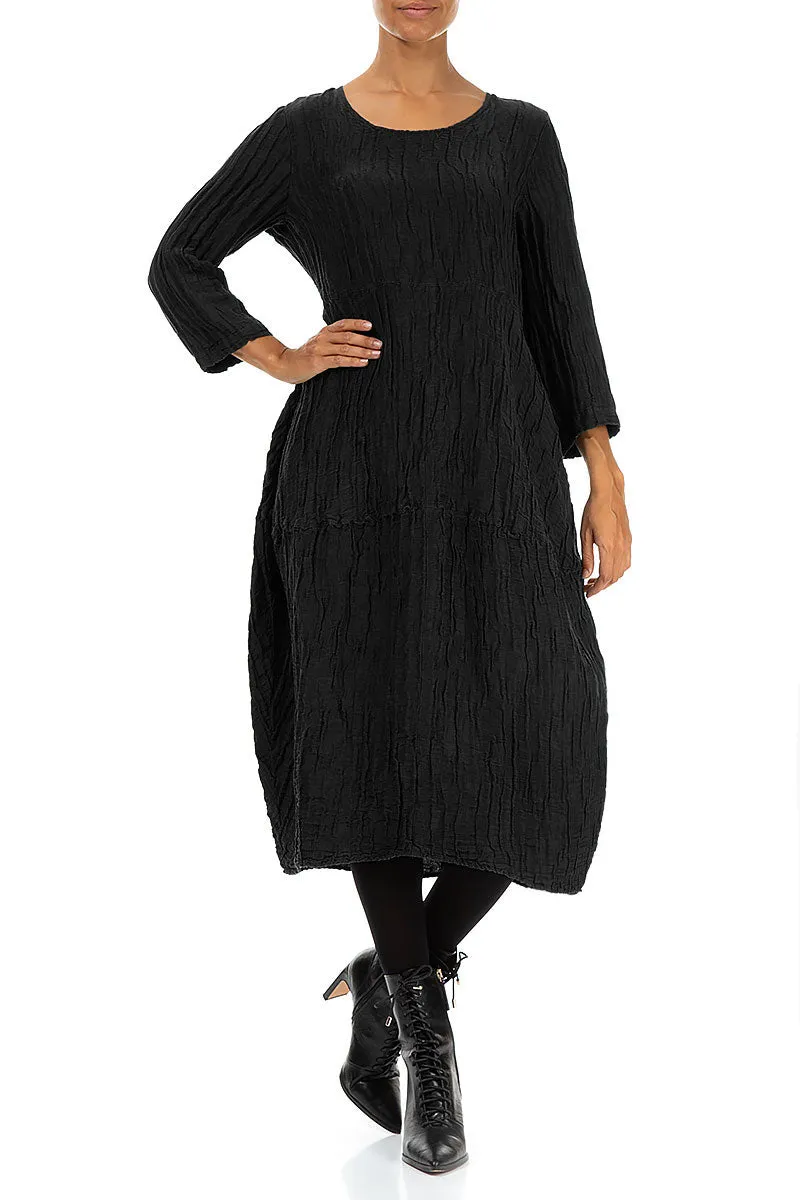 Balloon Crinkled Black Silk Linen Dress Cold Weather Outfit SustainableProduction