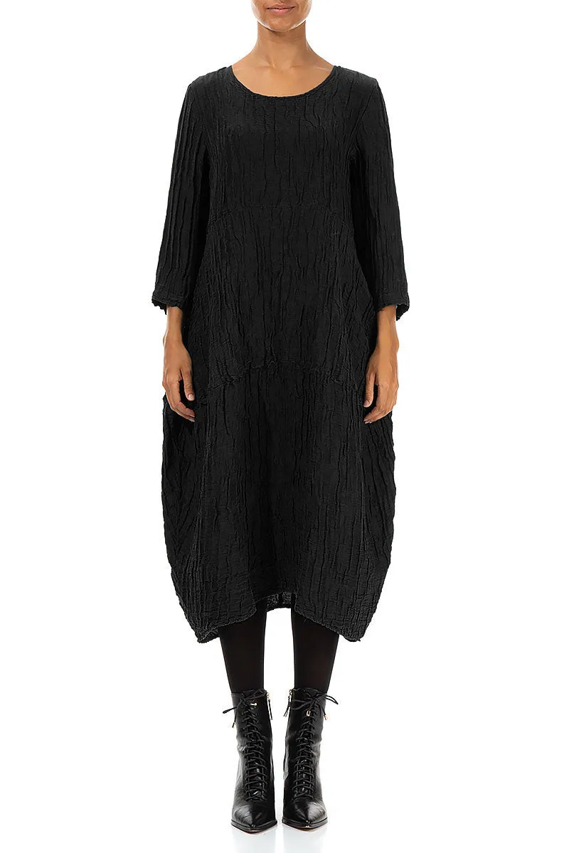 FadeResistant Dye Balloon Crinkled Black Silk Linen Dress