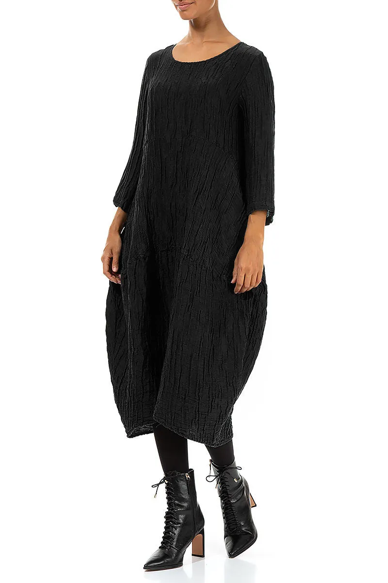 StretchableFabric Low Care Balloon Crinkled Black Silk Linen Dress
