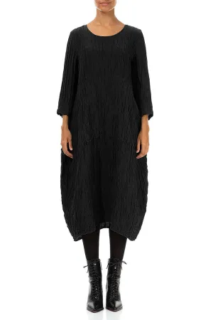 FadeResistant Dye Balloon Crinkled Black Silk Linen Dress