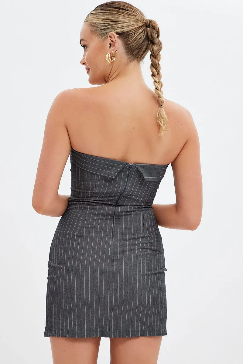 Grey Stripe Bodycon Dress Strapless Boob Tube Mini UltraSoft Texture Scandi Clean