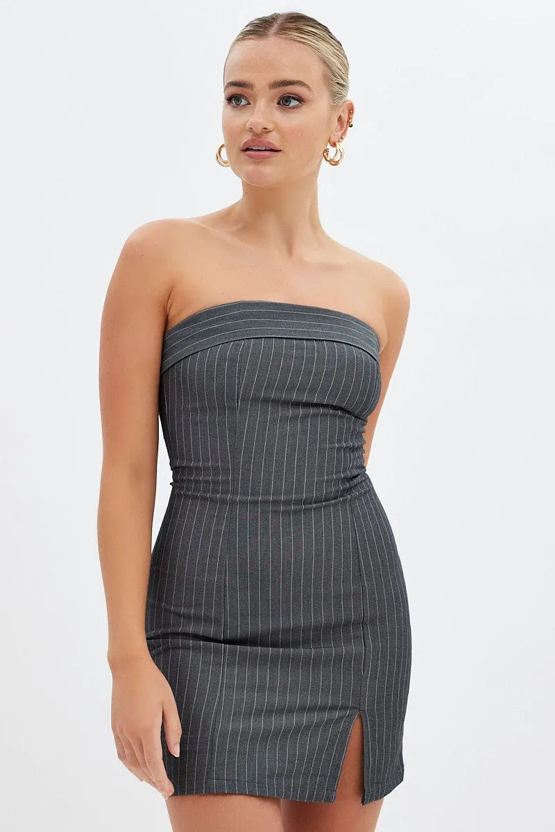 Grey Stripe Bodycon Dress Strapless Boob Tube Mini Mountain Cool Modern Design