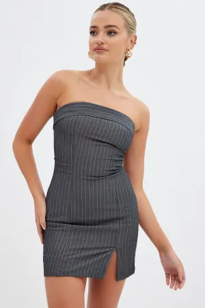 FlatlockSeaming MultiPanelDesign Grey Stripe Bodycon Dress Strapless Boob Tube Mini