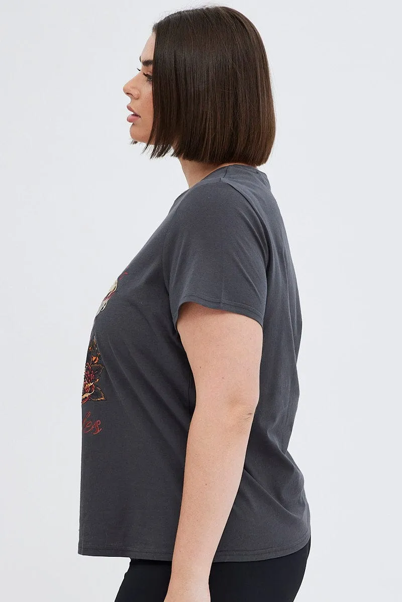 Grey Graphic T-shirt Short Sleeve Crew Neck informal gathering Popular