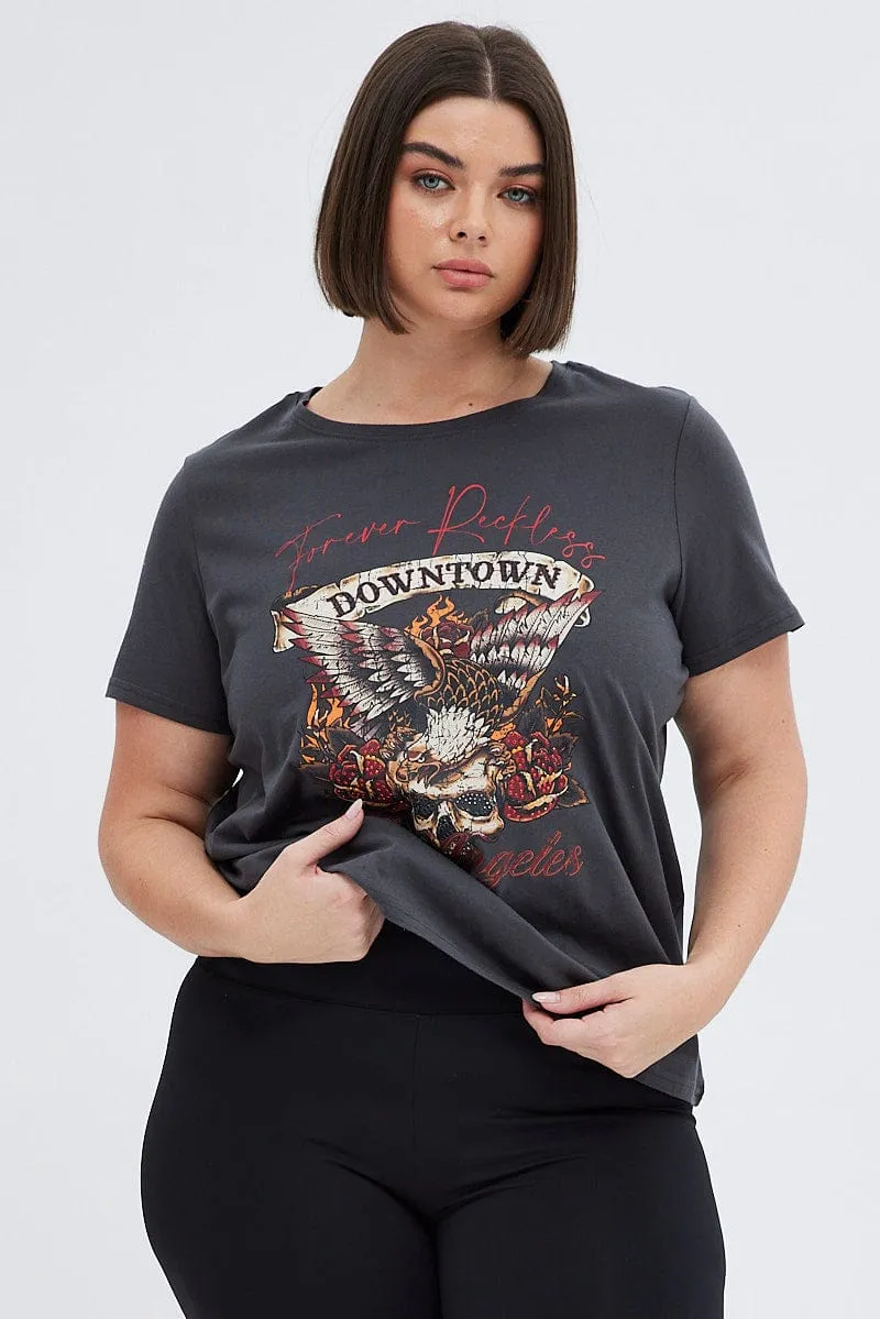 Grey Graphic T-shirt Short Sleeve Crew Neck Flexible Fit Elegant and Relaxed
