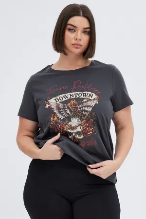 Grey Graphic T-shirt Short Sleeve Crew Neck Flexible Fit Elegant and Relaxed