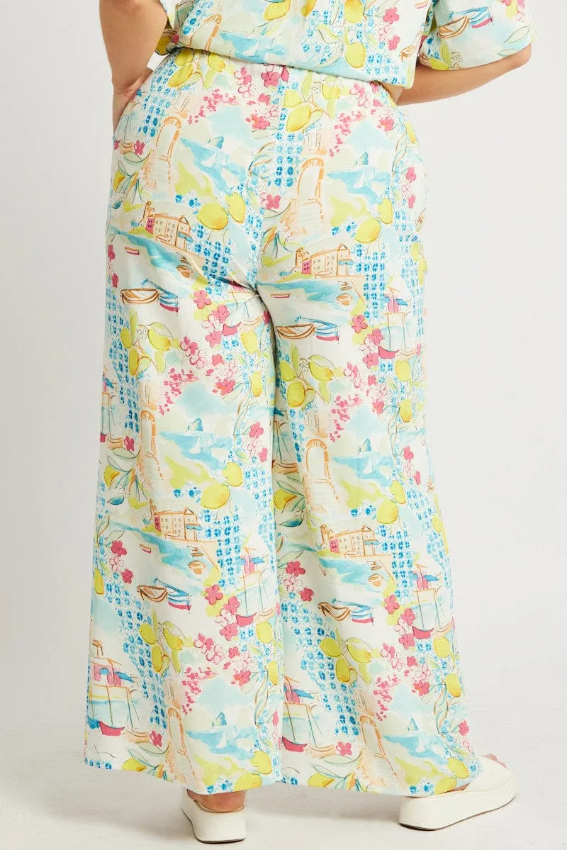 Sleek Appearance Comfy Style Multi Abstract Drawstring Waist Wide Leg Pants