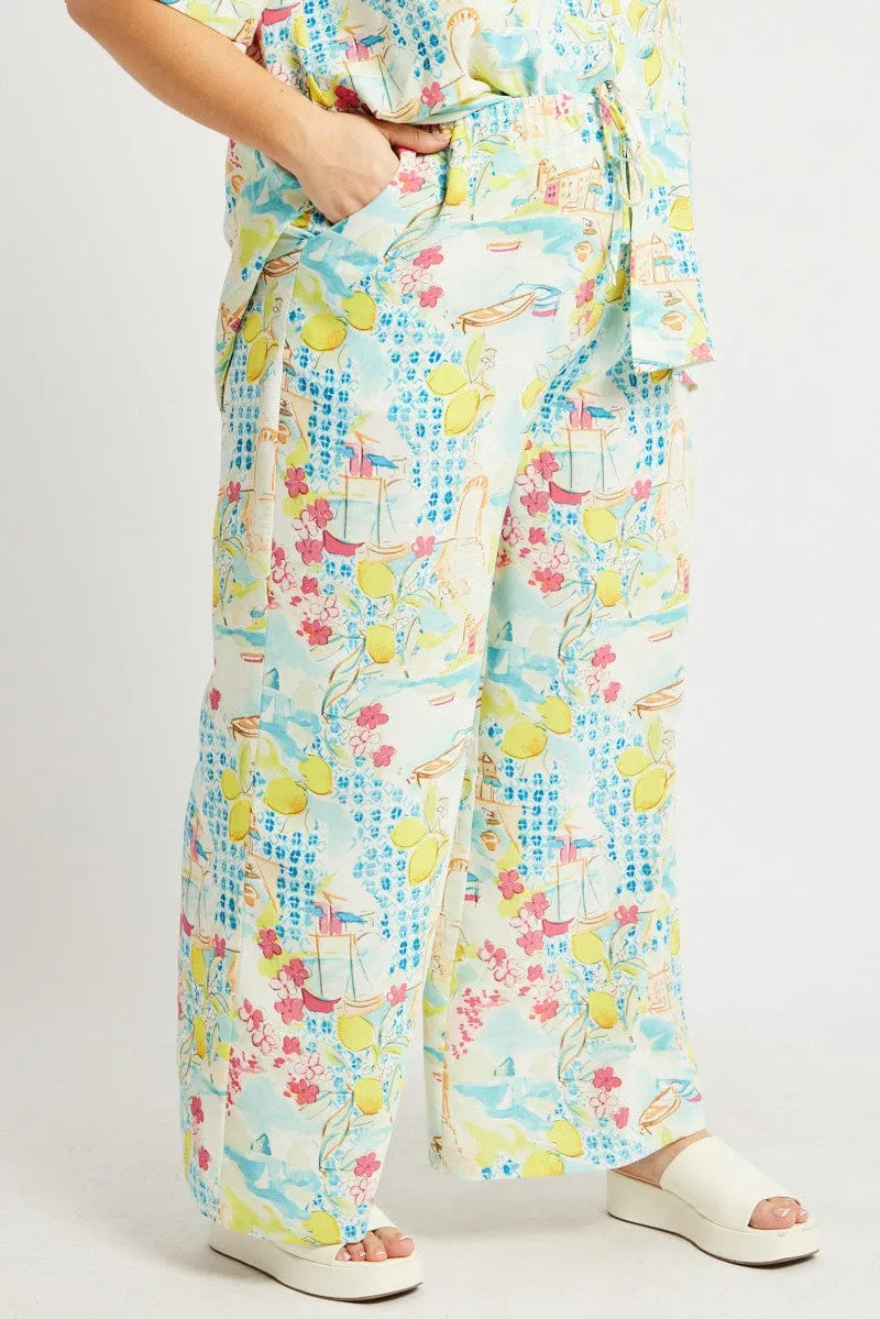 Fitted waist Multi Abstract Drawstring Waist Wide Leg Pants