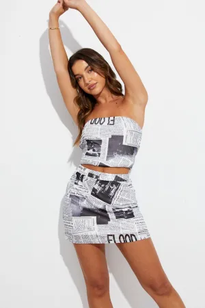 Black Print Mini Skirt High Rise Mesh Soft Mood