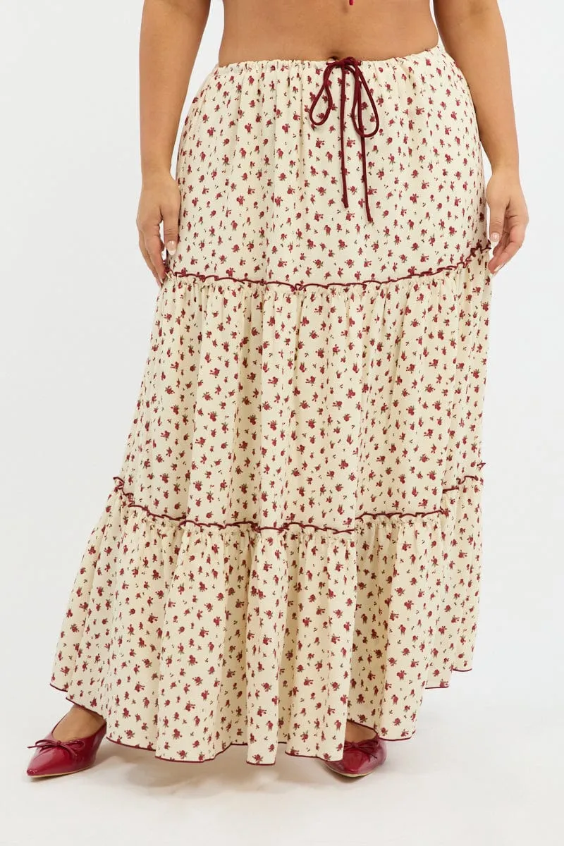 Versatile Fit Wrinkle Resistant Finish Red Ditsy Tiered Tie Waist Maxiskirt