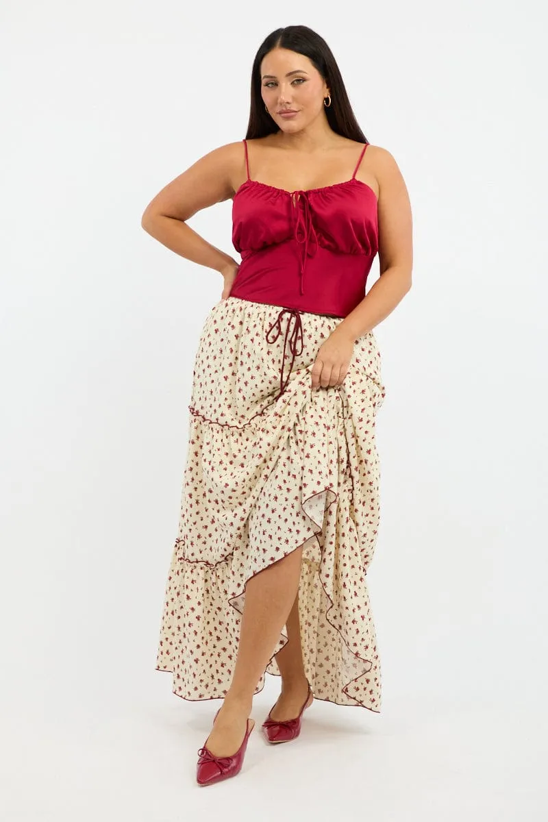 Minimal Style Textured Surface Red Ditsy Tiered Tie Waist Maxiskirt