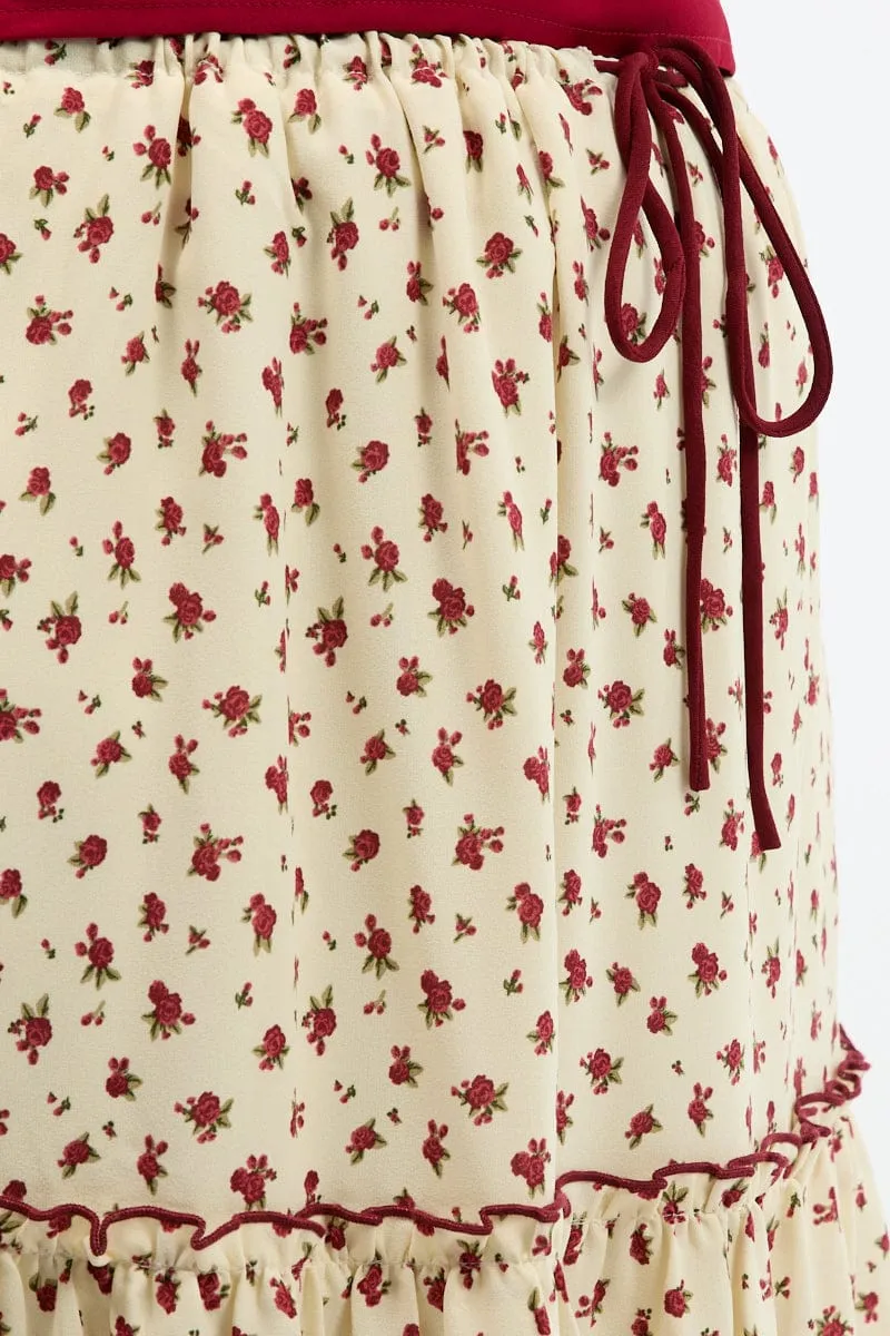 Hemp Blend Linen Cotton Mix Red Ditsy Tiered Tie Waist Maxiskirt