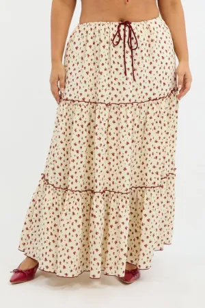 Versatile Fit Wrinkle Resistant Finish Red Ditsy Tiered Tie Waist Maxiskirt