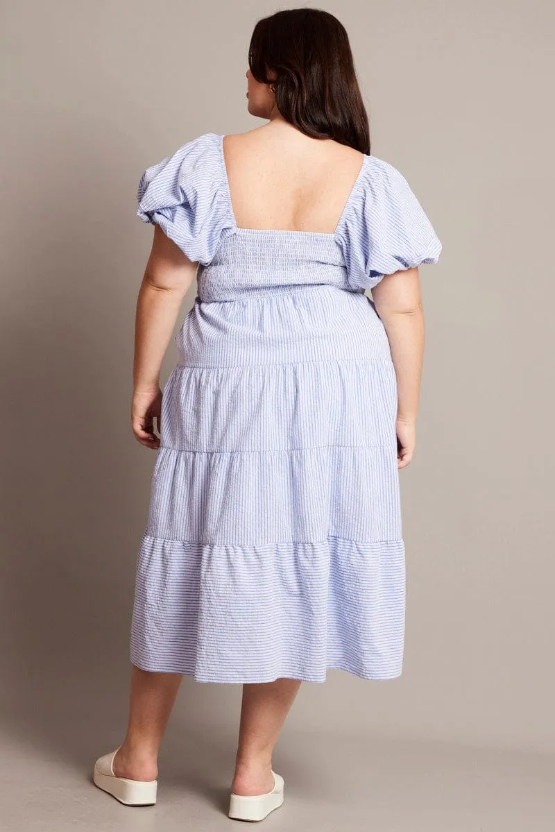 Blue Stripe Midi Dress Short Sleeve Tiered Petal Drift