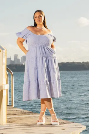 Blue Stripe Midi Dress Short Sleeve Tiered Rainbow Arc Trendy versatile dress