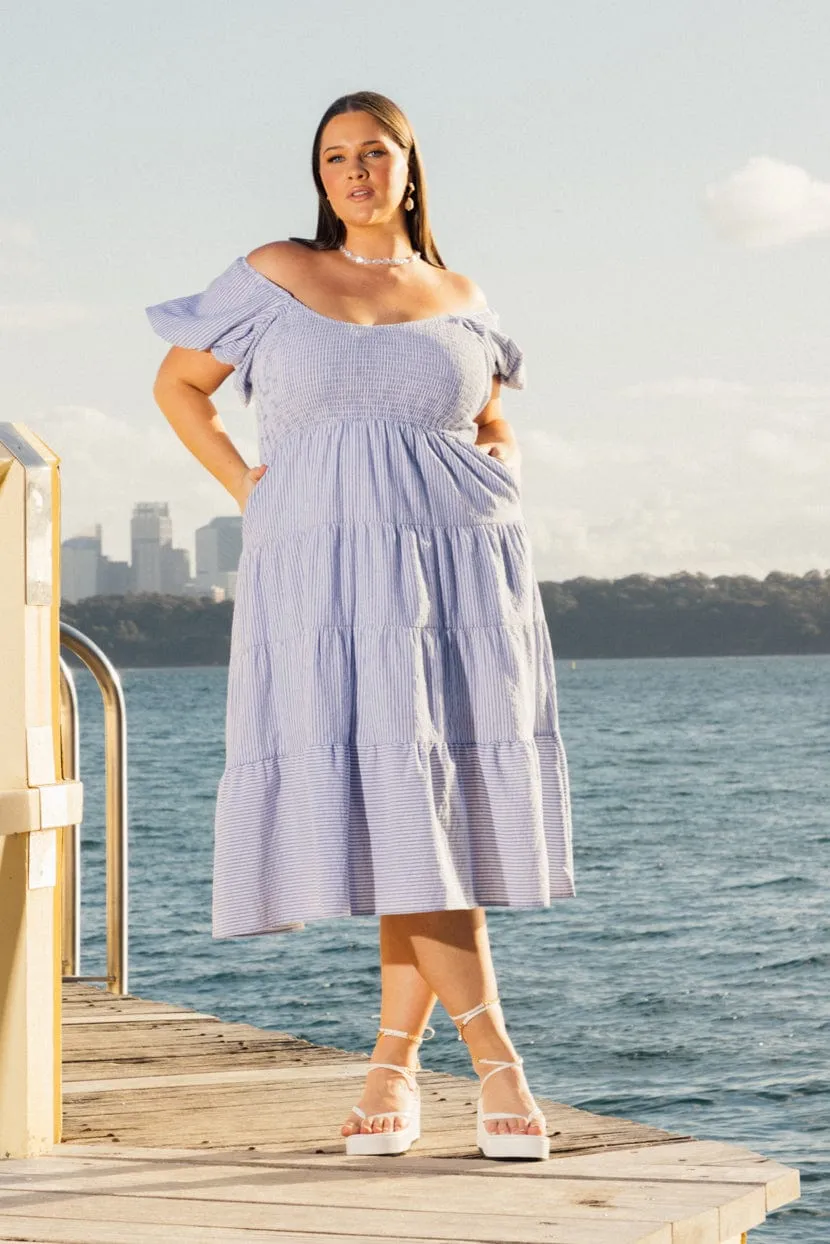 Blue Stripe Midi Dress Short Sleeve Tiered Rainbow Arc Trendy versatile dress
