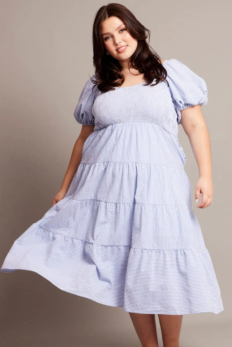 Blue Stripe Midi Dress Short Sleeve Tiered Charity Gala