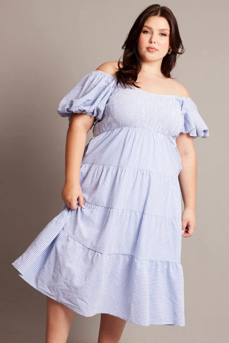 Blue Stripe Midi Dress Short Sleeve Tiered Day-to-night versatile dress