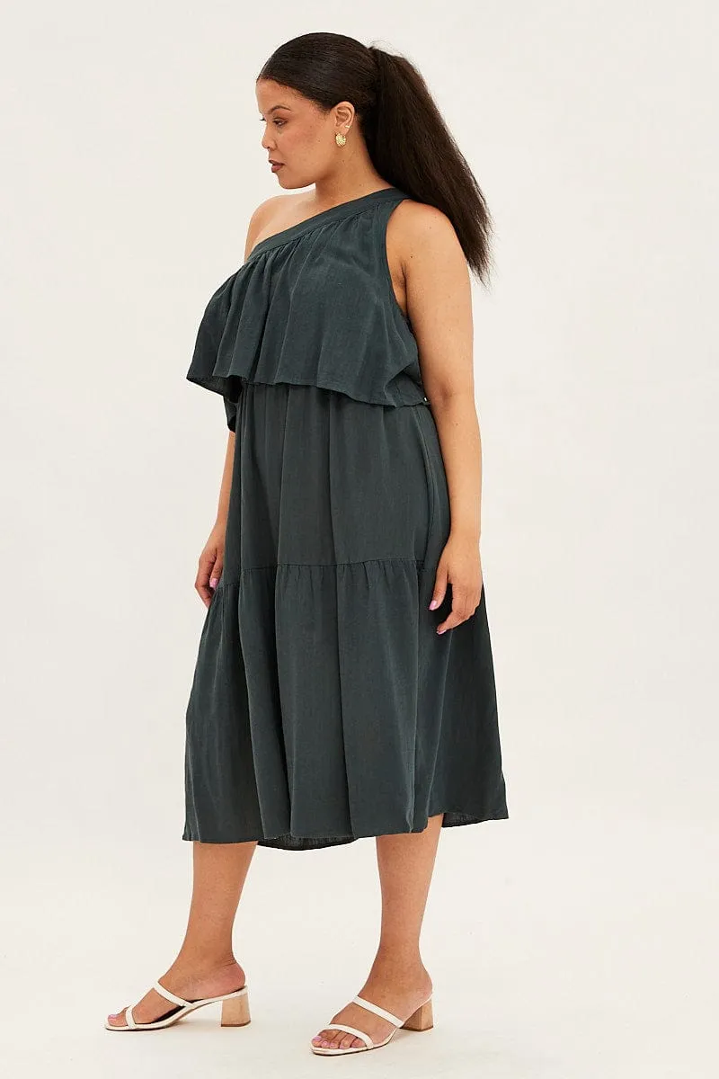 Green Midi Dress One Shoulder Frill Linen Blend Timelessly stylish midi Quick Change