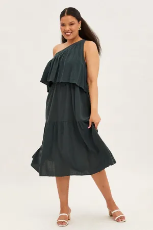 Shine Spot Green Midi Dress One Shoulder Frill Linen Blend