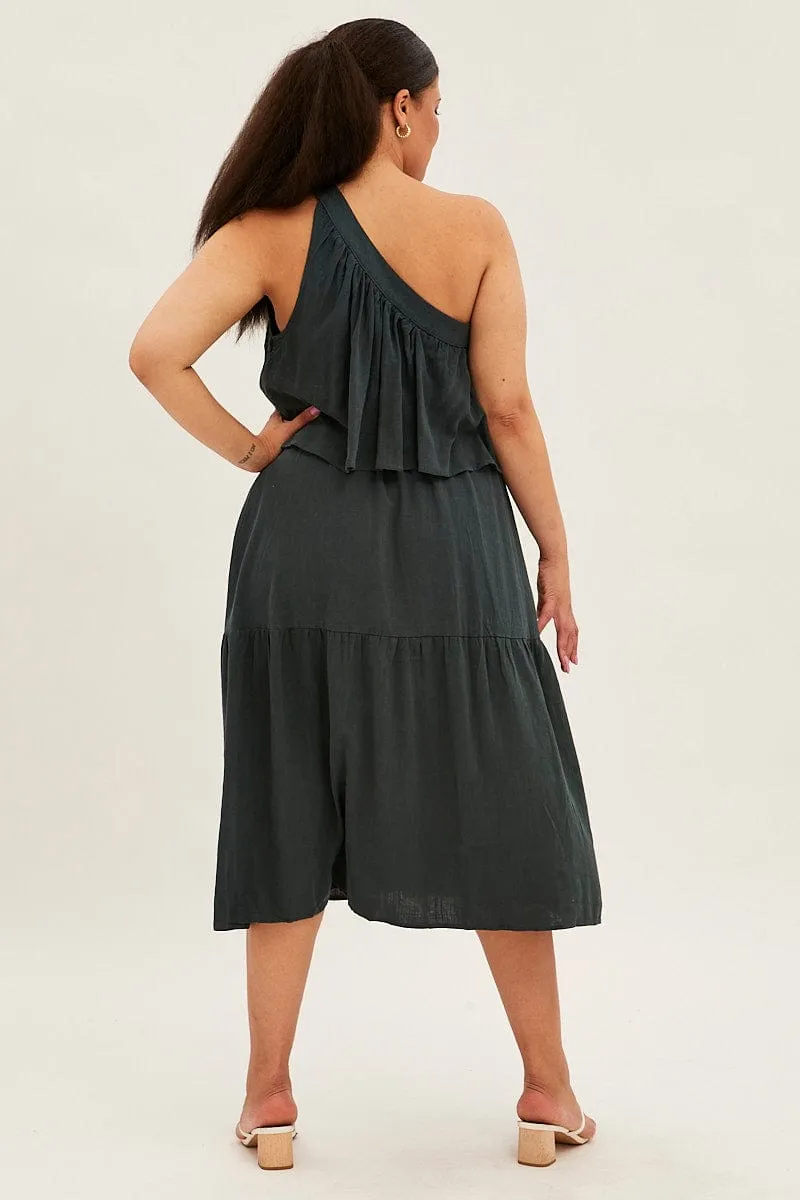 Green Midi Dress One Shoulder Frill Linen Blend Rain Safe