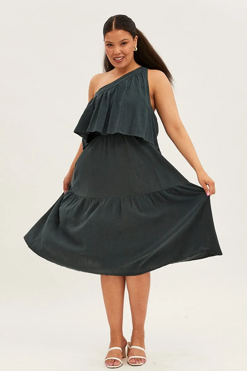 Ruby Shine Fashion Must-Have Green Midi Dress One Shoulder Frill Linen Blend