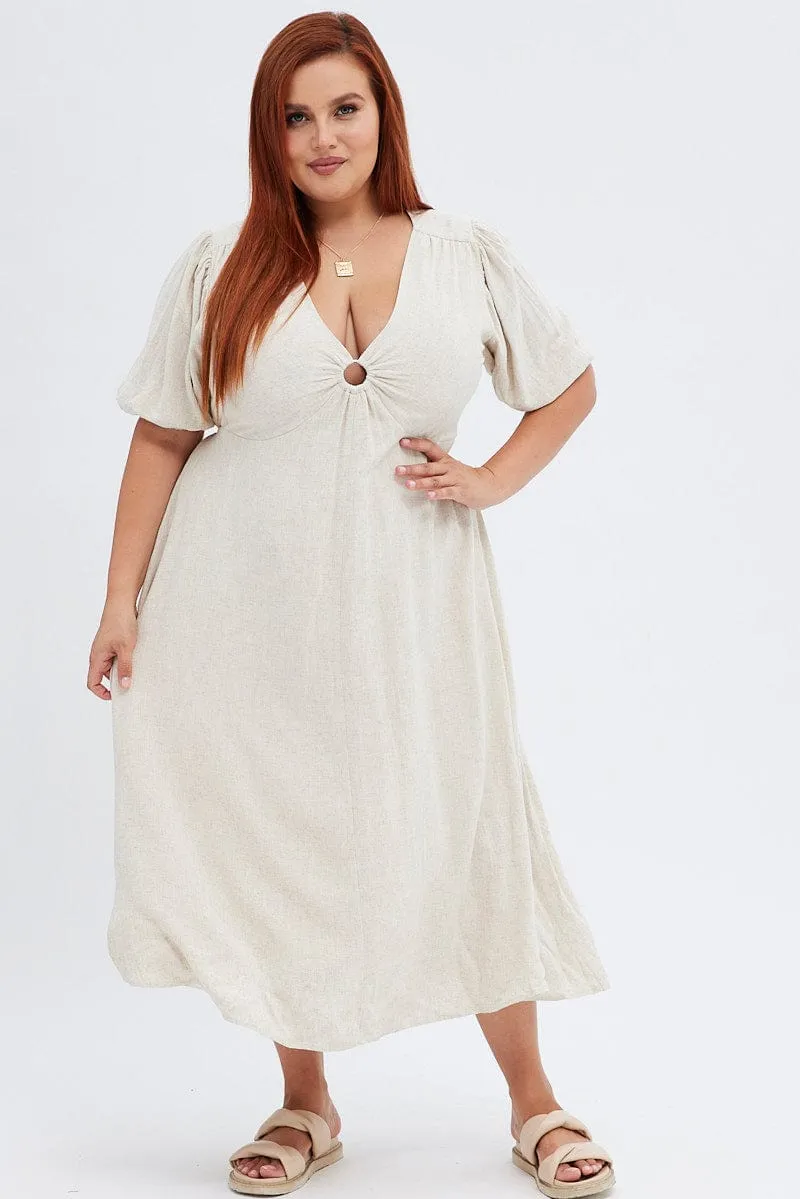 Beige Midi Dress Ring Linen Blend old town Space Glow