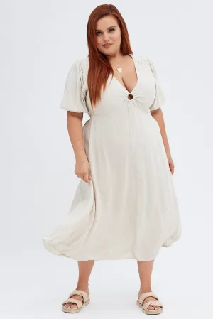 Beige Midi Dress Ring Linen Blend Vintage Lover