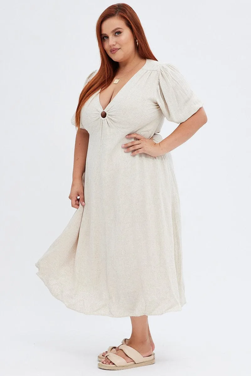 Beige Midi Dress Ring Linen Blend Seasonal Wear Comfortable casual midi