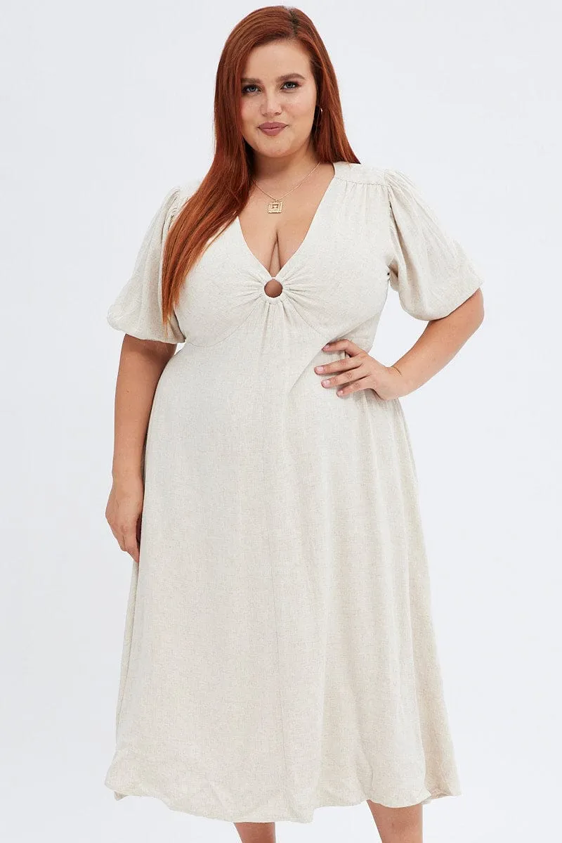 Copper Glow Beige Midi Dress Ring Linen Blend