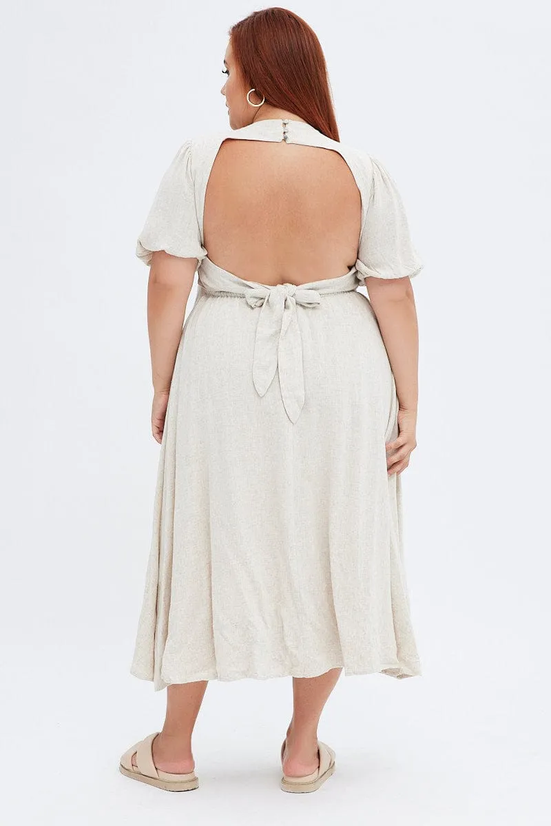 Beige Midi Dress Ring Linen Blend Comfortable Style All Season Wear