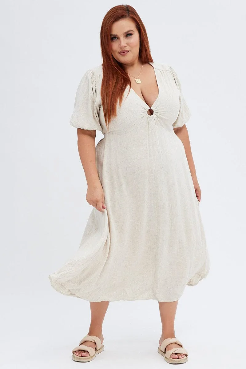 Beige Midi Dress Ring Linen Blend Vintage Lover