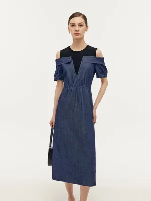 Smart Appearance Denim Lyocell Cold Shoulder Patchwork Women Midi Dress
