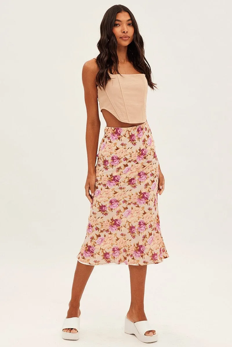 Seamless Design Print Print Midi Skirt Slip Lined Chiffon
