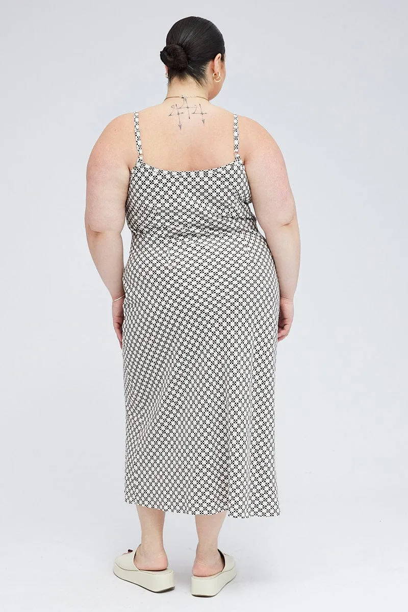 Trendy Essentials Brown Geo Midi Slip Dress Linen Blend