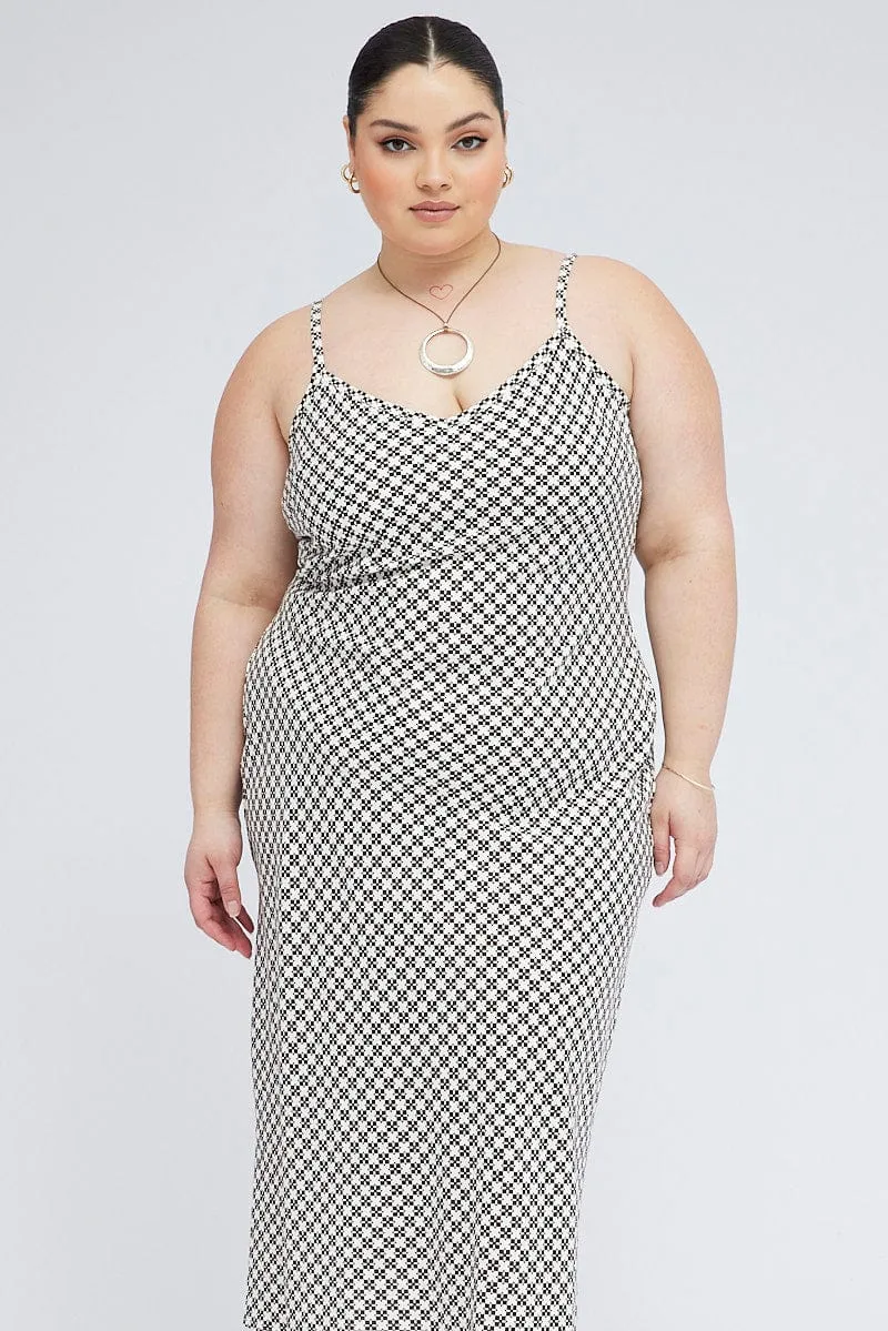 Office Wear Classy Attire Brown Geo Midi Slip Dress Linen Blend