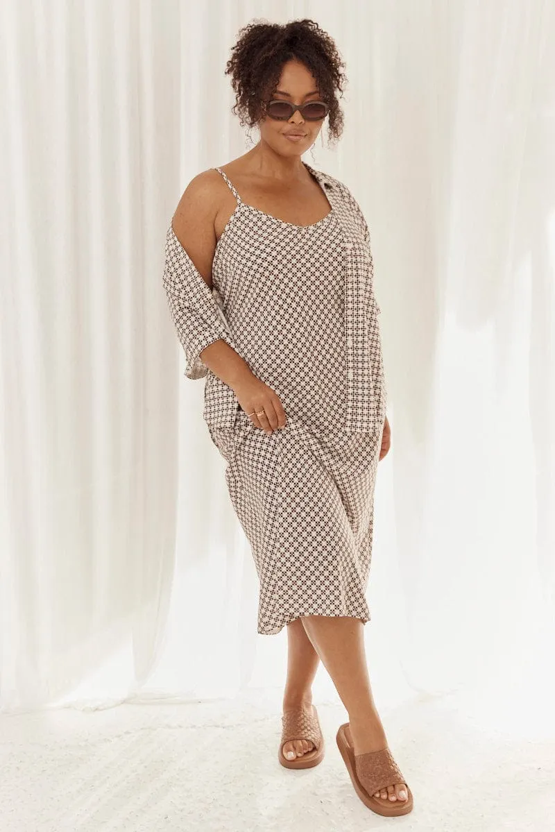 Soft Ray Simple and timeless piece Brown Geo Midi Slip Dress Linen Blend