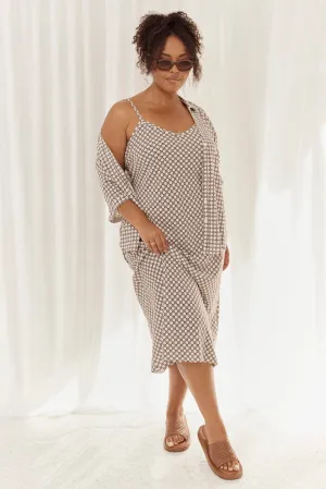 Soft Ray Simple and timeless piece Brown Geo Midi Slip Dress Linen Blend