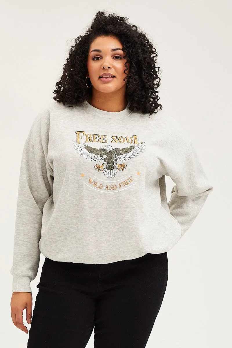 Grey Oversized Sweatshirt Free Soul Graphic Long Sleeve product personalization