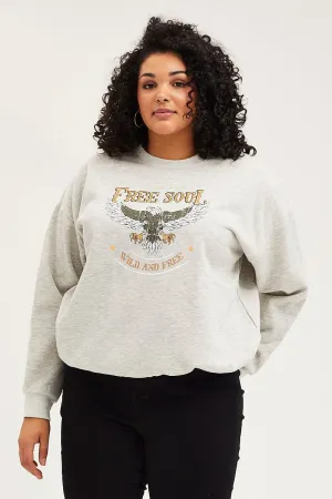 Grey Oversized Sweatshirt Free Soul Graphic Long Sleeve Mass produced product pastel softness