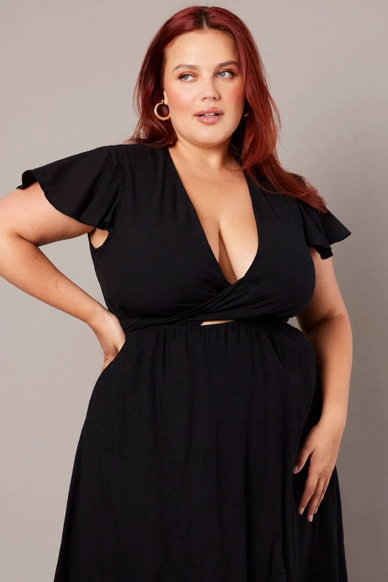 Black Tie Front Flare Sleeve Midi Dress High impact