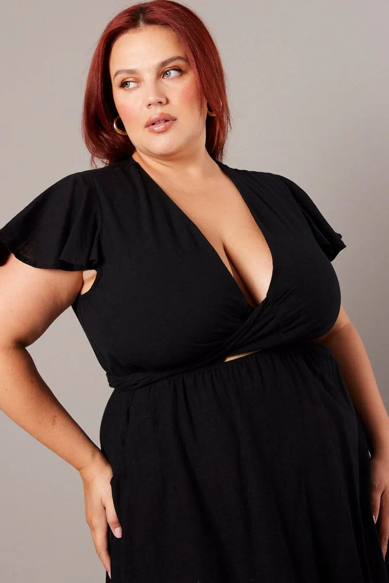 Music Hall Everyday Chic Black Tie Front Flare Sleeve Midi Dress