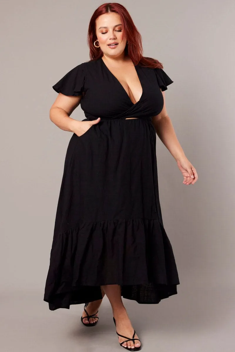 Black Tie Front Flare Sleeve Midi Dress Elegant Silhouette