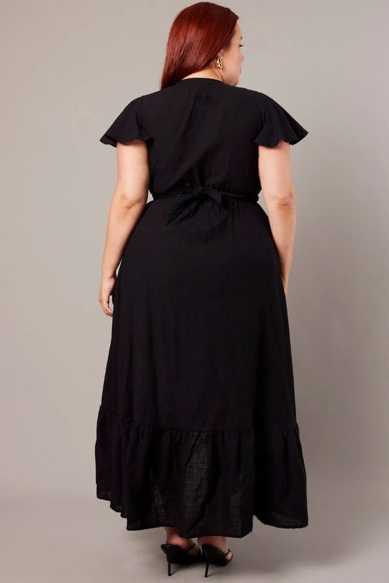Classy Appearance Work Ready Black Tie Front Flare Sleeve Midi Dress